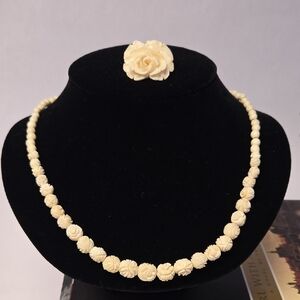 Vintage or Antique Carved Celluloid or Bone Cream Rose Necklace and Brooch Set